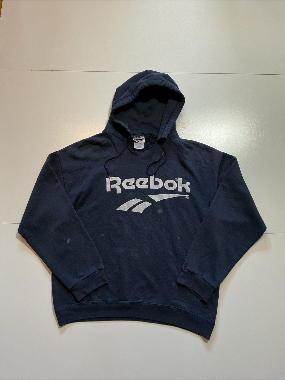 Vintage 90s Reebok Navy Blue Spellout Classic Logo Fleece Pullover Hoodie